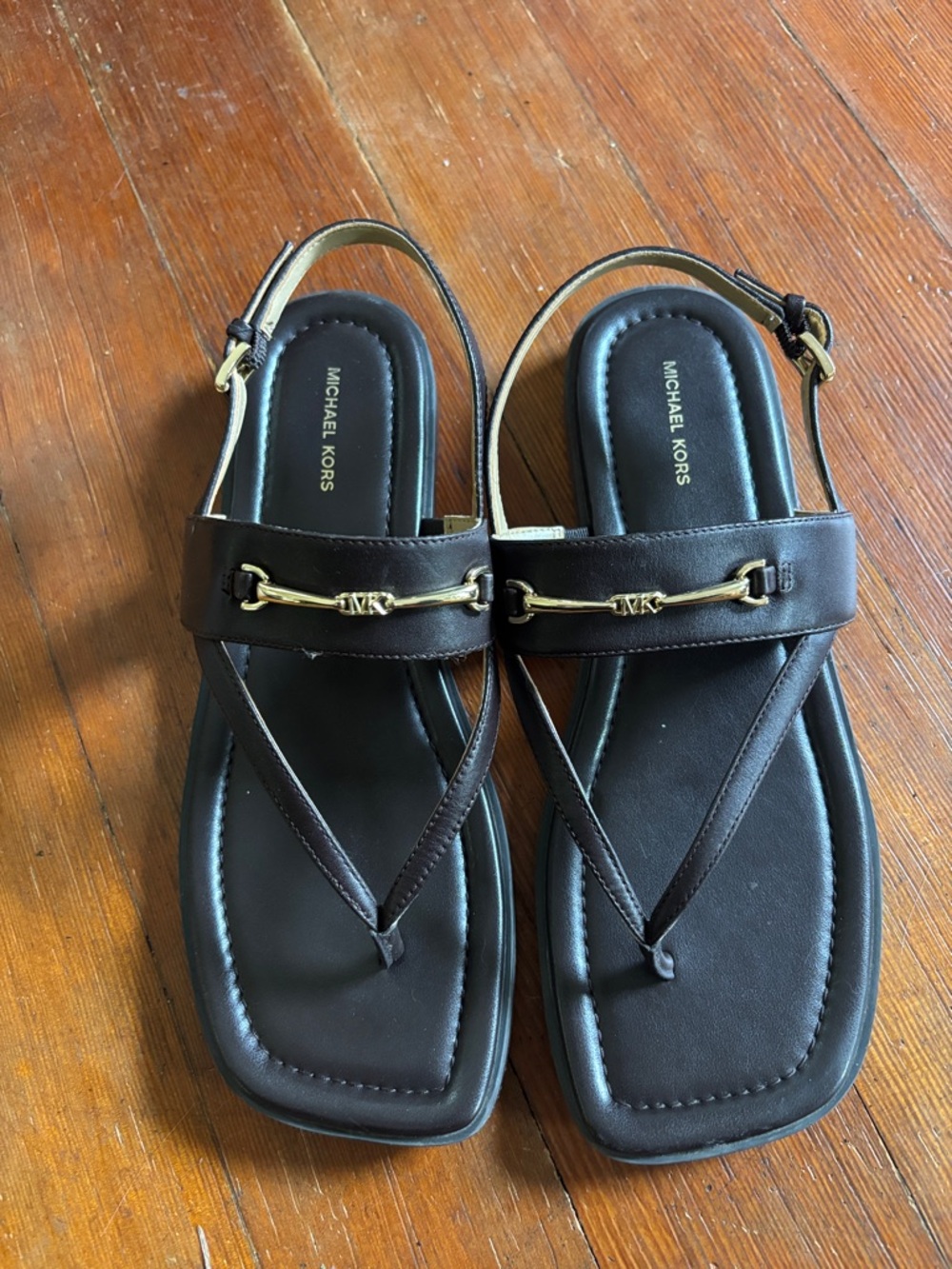 Michael Kors Brown Leather Slingback Thong Sandals with Gold Hardware